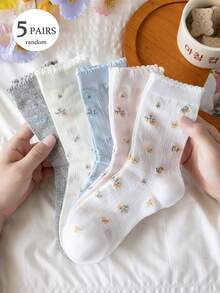5 Pairs Women's Soft Floral Lace Trim Mid-Calf Socks, Spring/Summer Thin Breathable Non-Binding, Random Assorted Colors - Multicolor - View 8