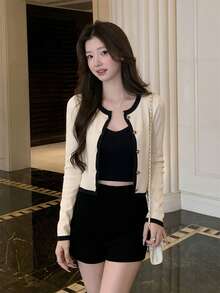 秋冬韓系甜美休閒風對比飾邊針織開襟衫女款，Ins風秋季 - 杏色 - 查看 5