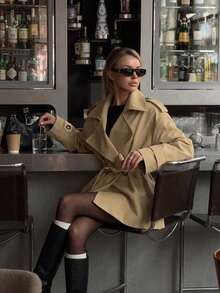 Women's Fashion Lapel Long Sleeve Mid-Length Tie-Waist Trench Coat, Double-Button Design, Perfect Choice For Autumn - Khaki - View 4