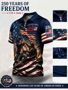 男士夏季通勤百搭舒適 USA 250週年 Liberty Memorial 印花半拉鍊 Polo 衫，日愛國風短袖上衣 - 彩色 - 查看 3