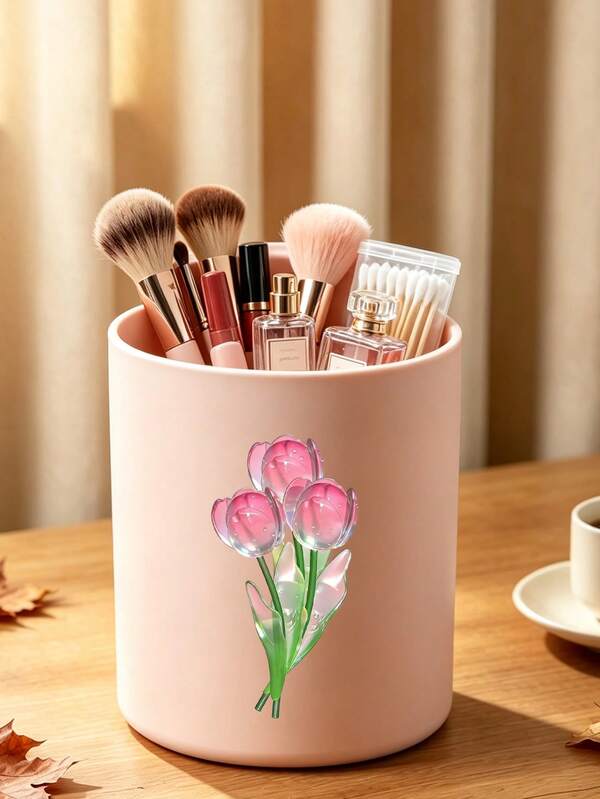 Tulip Pattern Mini Desktop Cosmetic Storage Bin, Cylindrical Rotating Lid Trash Can, Cosmetic Storage, School Supplies Storage, Bathroom Storage, Kitchen Storage, Office Storage, Car Trash Can, No Power Needed, Portable Trash Can, Back To School Essential. Suitable For School, Dorm, Office, Bathroom, Kitchen And Home Decor.