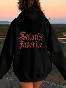 Damen-Hoodie mit dunklem Textdruck "Satan's Favorite" - Schwarzes Gothic-Style Langarm-Sweatshirt, Alltagsoutfit, maschinenwaschbare Herbst-/Winterjacke, bequem, Winter, Hoodie - Schwarz - Übersicht 2
