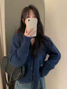 韓系時尚冬季新款小眾法式復古長袖極簡性感V領毛衣開襟衫，附掛脖領圍巾 - 藏青 - 查看 3