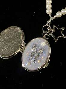 1/2pcs Crystal Butterfly Makeup Mirror, Personalized Sequin Floral Pattern, With Pearl Keychain Double-Sided Folding Mirror Pendant, Birthday Gift For Girls, Mother's Day Gift - Multicolor - View 5