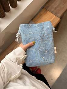 女款小眾設計串珠刺繡水桶包，2026新款輕量通勤斜挎手機包，適合日常出行與購物，百搭時尚 - 霧霾藍 - 查看 3