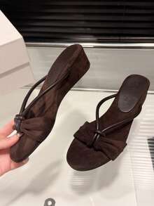 French Vintage Round Toe Wedge Sandals For Women, Vacation, Brown - Brown - View 2