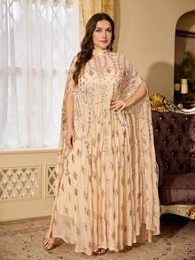 Plus Size Women's Heavy Beaded Embroidery Sequin Glamorous Stand Collar Elegant 2 Pieces Arabian Dress, Suitable For Ball And Multiple Occasions Fall - Apricot - View 9