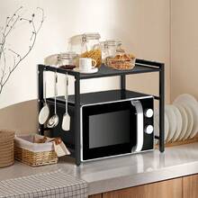 Extendable Kitchen Storage Rack, Black Single-Tier Counter Shelf With Double Bar & 6 Hooks, Expandable Microwave Stand, Sturdy Metal Worktop Organiser For Oven, Air Fryer, Utensils & Seasoning Bottles, Space Saving Kitchen Storage Solution - Black - View 5