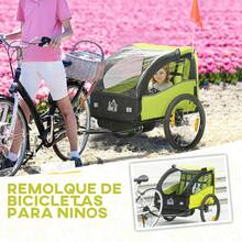 HOMCOM Remolque de Bicicleta para Niños +18 Meses Cochecito para Transporte de 2 Plazas con Cinturón de Protección Espacio de Almacenamiento y Sistema de Amortiguador 140x88x90 cm Verde - Verde - Ver 2