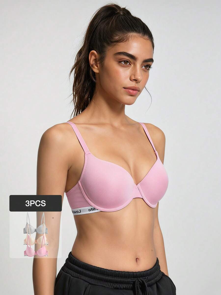 Loungeista 3Pcs Lightly Padded Letter Print Push Up Bra, Women's Underwire Brafor Summerfor Summer - Multicolor - View 1