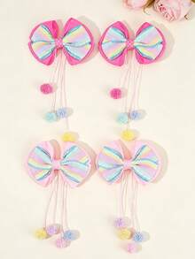 4 piezas de pinzas de lazo para el cabello de color caramelo, pinzas de cocodrilo con cola de pompones largos, barretas de cabello de color arcoíris lindas, horquillas para el cabello para uso diario y fiestas festivas, accesorios para el cabello de adolescentes - Multicolor - Ver 1