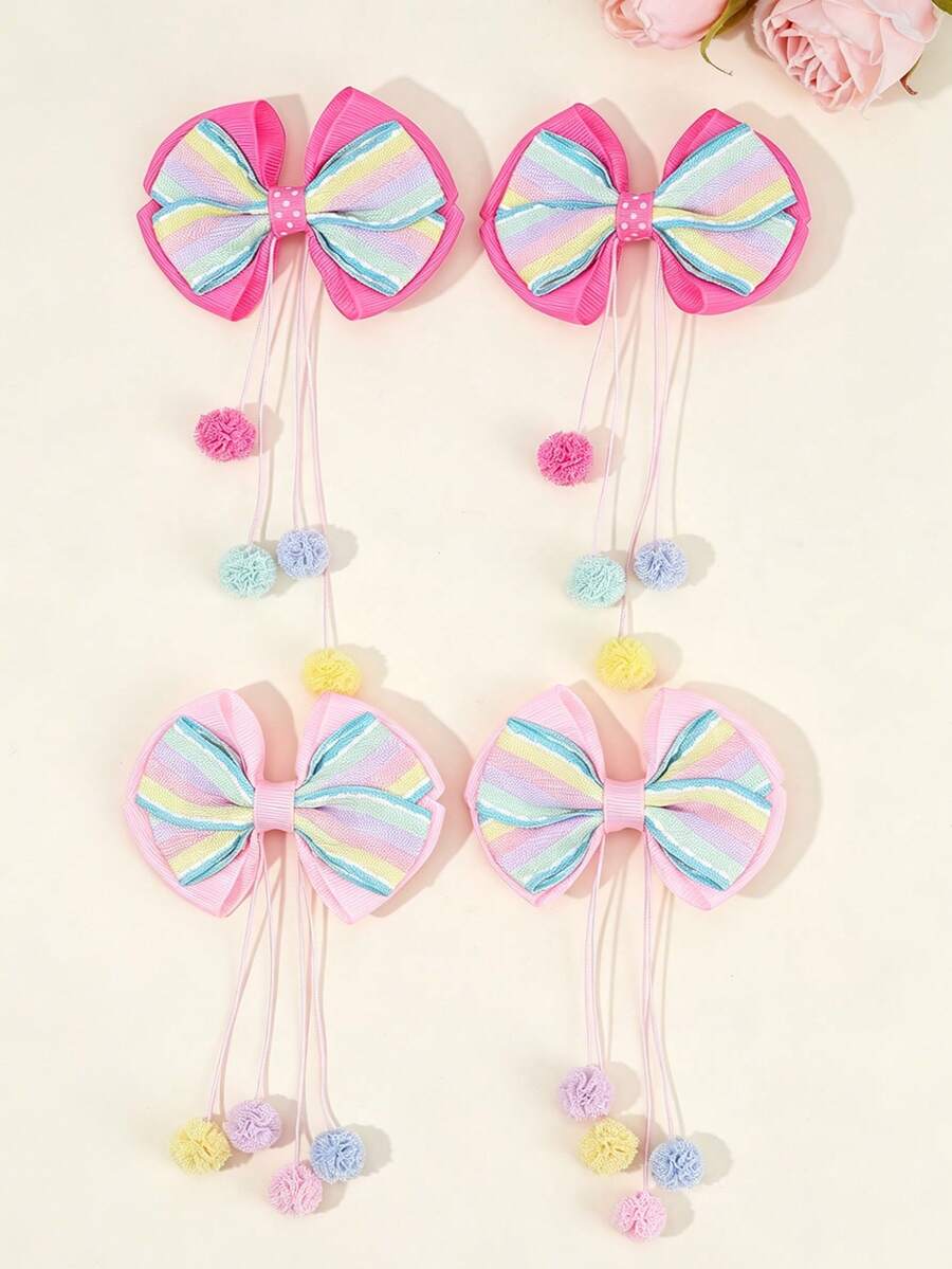4 piezas de pinzas de lazo para el cabello de color caramelo, pinzas de cocodrilo con cola de pompones largos, barretas de cabello de color arcoíris lindas, horquillas para el cabello para uso diario y fiestas festivas, accesorios para el cabello de adolescentes - Multicolor - Ver 1