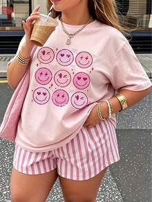 2pcs Plus Size Vintage American Style Cartoon Print, Striped Colorblock Casual INS Style Women's Pajama Set - Pink - View 5
