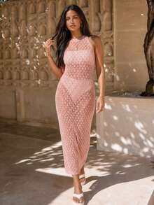 Abito lungo da spiaggia sexy in maglia traforata avvolgente, copricostume da donna per vacanze estive 2026, casual e confortevole, con scollo tondo, vestito aderente per outfit da vacanza - Rosa - Visualizzare 5
