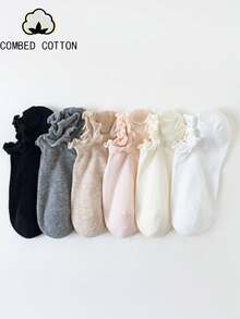 5/6 Pairs Women's Ruffle Edge Cotton Socks, Invisible Socks, Ankle Socks, White Socks, Grey Socks, Black Socks, Women's Socks, Cute Socks, Girls' Socks, Suitable For Autumn/Winter/Spring/Summer, Breathable Mesh Detail, Moisture-Wicking, Soft And Smooth, Suitable For Vacation, Sports, Casual, Business And Daily Wear, Random Color Combination - Multicolor - View 2