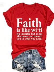 Women Christian Faith Letter Print T-Shirt, Faith Is Like Wi-Fi Graphic Round Neck Short Sleeve 100% Cotton Summer Top, Plus Size All Season - 紅色2 - 查看 1