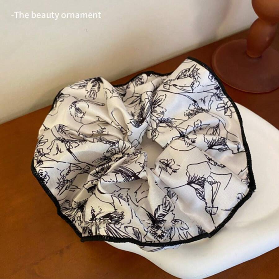1PC Classic Vintage Black & White Floral Bow Scrunchie, Sweet Versatile Hair Accessory For Women - Hair Tie - View 1