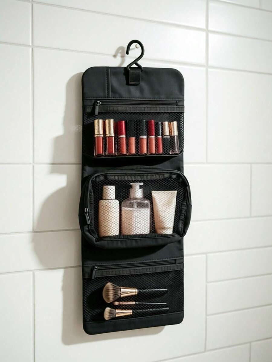 1pc Foldable Toiletry Bag, Partitioned Makeup Bag, Hanging Storage Bag, Portable Luggage Compartment, Visible Mesh Hanging Bag,Makeup Organizer,Room Decor