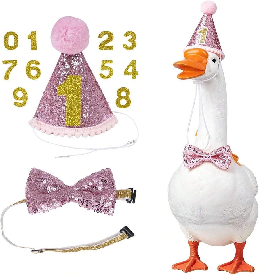 Phnydreg Glitter Birthday Porch Goose Outfits For Lawn Statue With Hat Bow Tie Numbers - White - View 1