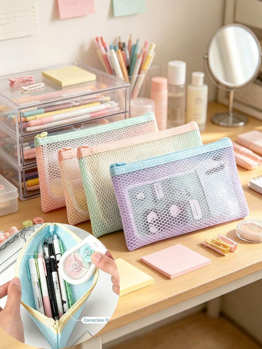 12pcs/1pc Dopamine Simple Mesh Hollow Storage Bag, Portable Makeup Bag, Brush Stationery Coin Pouch, Student Pencil Case For School & Daily Use School Supplies, School Kit - Multiple Styles - View 1