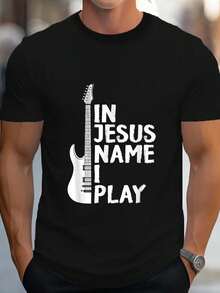 100% Algodón En el Nombre de Jesús Toco Guitarra Regalo Cristiano Camiseta para Amantes de la Guitarra Camiseta Gráfica para Hombre y Mujer Tops Casuales Moda - Negro - Ver 1