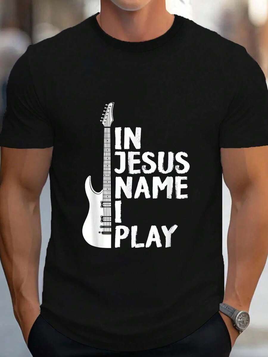 100% Algodón En el Nombre de Jesús Toco Guitarra Regalo Cristiano Camiseta para Amantes de la Guitarra Camiseta Gráfica para Hombre y Mujer Tops Casuales Moda - Negro - Ver 1