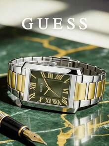 Guess Women's Quartz Rectangular Watch Two-Tone Gold Silver Case Emerald Green Dial Roman Numerals Minimalist Elegant Accessory For Boardroom Meetings - Silver - View 4
