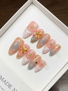 Handmade Wearable Press-On Nails, Almond Shape, Hand-Painted Personalized Hand-Carved High-Quality 3D Western-Style Nail Art, YK Style Nails, Unique Niche Creative Press-On Nails, Spring And Summer Daily Nail Art, Detachable And Reusable. - Multicolor - View 5