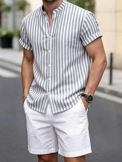 al de 2 piezas para hombre: camisa casual de poliéster ligera a rayas con cuello alto, manga corta y diseño de 7 botones, y pantalones cortos de tela suave y amigable con la piel en unicolor