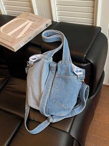 Vintage Colorblock Washed Canvas Tote Bag, Handheld & Crossbody, Cargo Style Style, Large Capacity Student Commuter Bag - Blue - View 7