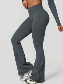 NcmRyu One Set Women's Seamless Ribbed Zipper Mock Neck Long Sleeve Flare Leggings Sports Set - Dark Grey - View 8