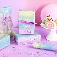 1 捲漸層彩虹雷射銀色亮片禮品包裝紙,印有「Happy Birthday」文字,適用於生日、嬰兒洗禮派對禮品包裝 - 彩色 - 查看 8