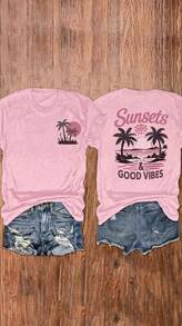 100% Cotton Unisex Round Neck Short-Sleeve T-Shirt With Palm Tree And Sunset Pattern, And The Words "FOREVER CHASING Sunsets" On The Back. Summer Wome - Pink - 查看 1