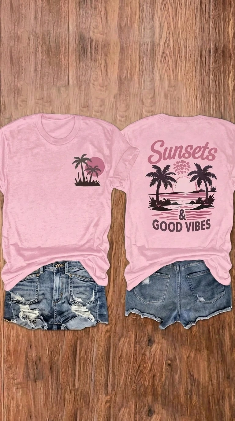 100% Cotton Unisex Round Neck Short-Sleeve T-Shirt With Palm Tree And Sunset Pattern, And The Words "FOREVER CHASING Sunsets" On The Back. Summer Wome - Pink - 查看 1