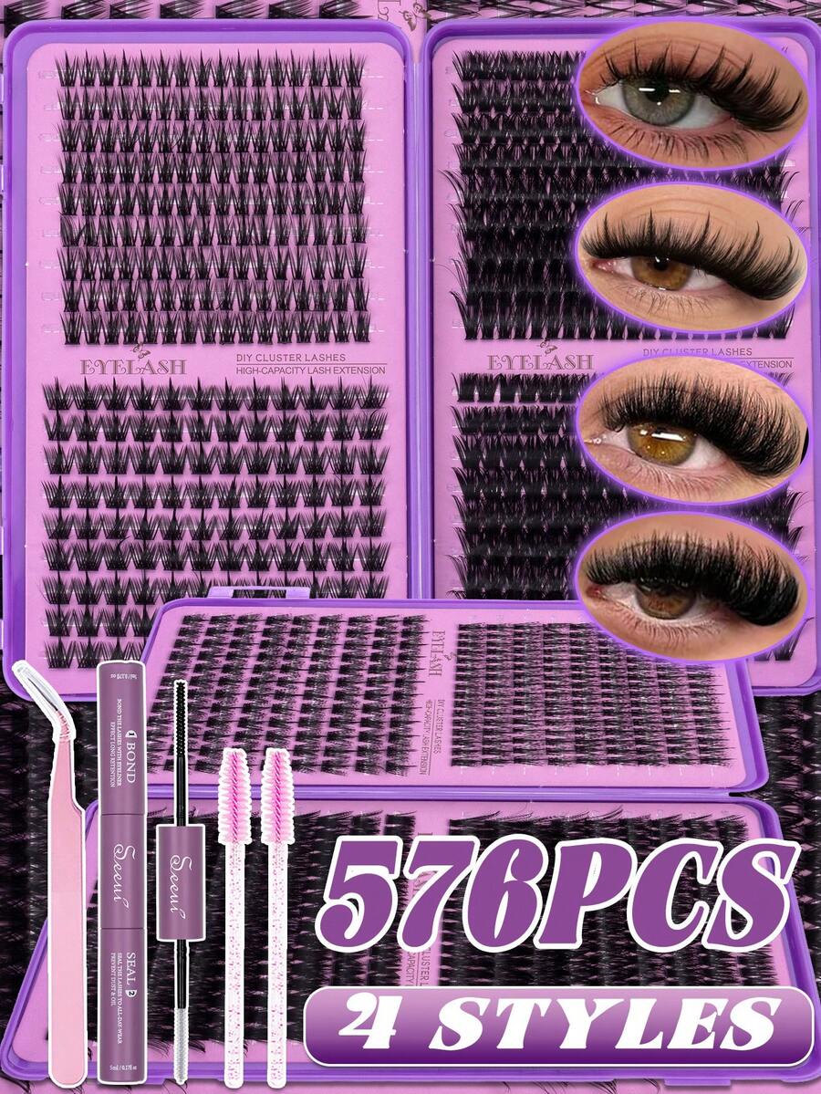 576pcs Eyelash Extension Kit, Mix Individual Lashes Kit With Lash Bond And Seal, Lash Tweezers, Brush, Large-Capacity False Eyelash,Ultra-Thick Lashes, Lightweight Natural Curly Eyelashes,Suitable For DIY Eyelash Makeup Design - Black - View 1