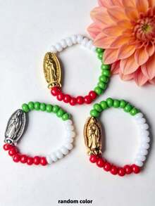 1pc Virgin Mary Beaded Elastic Ring, Random Color Bead Combination, Suitable For Daily Wear, Prayer, Baptism, Holiday Celebration - Style 2 - View 2