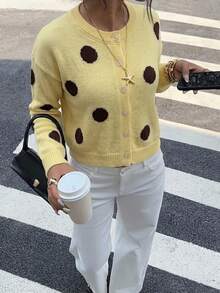 Cardigan Polkadot Vintage Wanita, Sweater Lengan Panjang Leher Bulat Kancing Depan, Cocok untuk Musim Gugur/Musim Dingin - Kuning - View 5