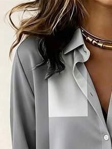Vintage Casual Geometric Color Block Print Women's Long Sleeve Button-Up Shirt - Grey - View 7