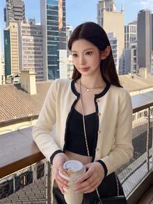 秋冬韓系甜美休閒風對比飾邊針織開襟衫女款，Ins風秋季 - 杏色 - 查看 7