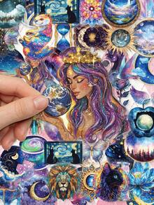 50Pcs Witchy Celestial Galaxy Stickers, Aesthetic Moon Star Zodiac Constellation Waterproof Cutouts For Junk Journal Scrapbook Card Planner Making - Multicolor - View 2