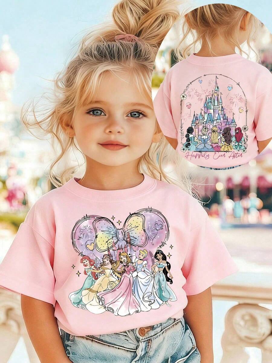 Disney Princesses & Castle Girls T-Shirt: Cute 100% Cotton Round Neck Summer Tee For School, Vacation & Daily Wear. Perfect Kids Gift! - 粉色 - 查看 1