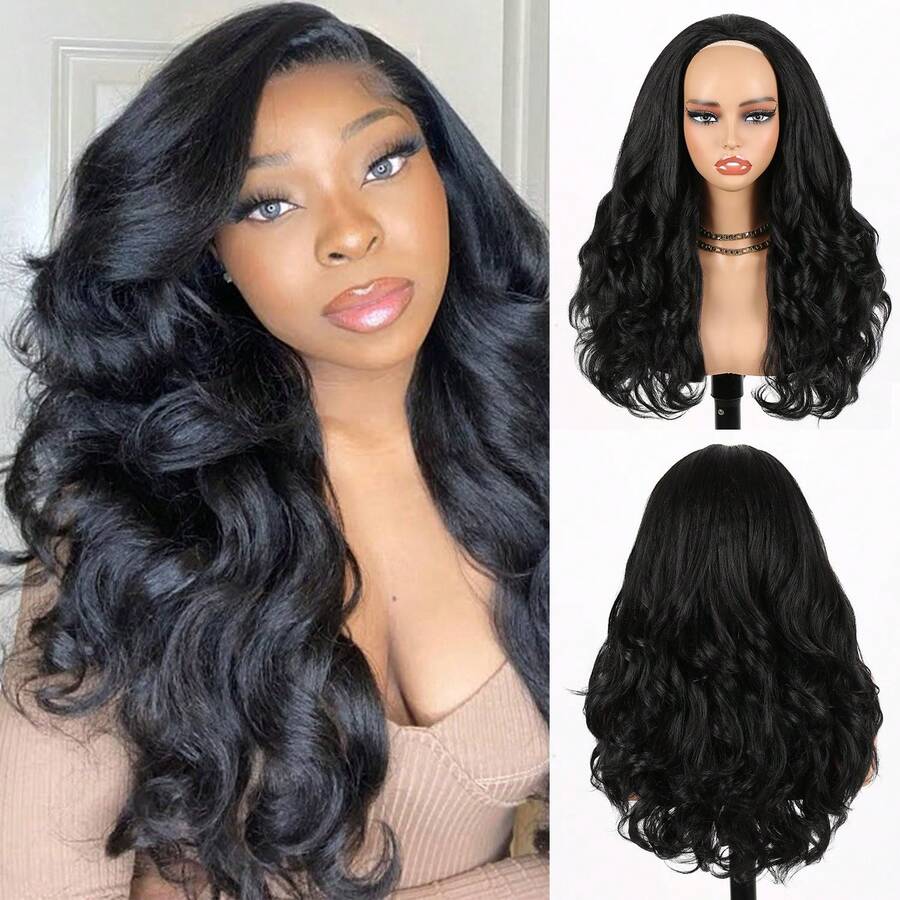 Women's Long Yaki Curly Half Wig, Fluffy Curly Synthetic Straight Hair Wig, Curly Ends, Suitable For DIY Hairstyles, Daily Wear (Black, 22 Inch) - Black - View 1