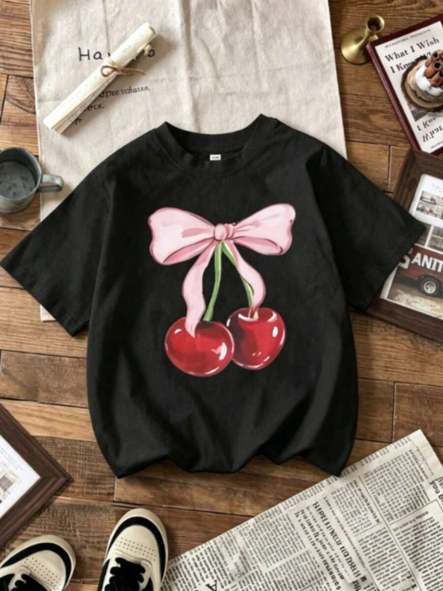 Women's Short-Sleeved T-Shirt With A Round Neck, Loose Fit, Casual And Versatile. Featuring A Modern, Elegant And Sophisticated Print Of Simple Letters, Ideal As A Basic Garment; Made Of Soft Fabric With Excellent Drape (Retro Style, Casual Style, Unisex) - 黑色 - 查看 1