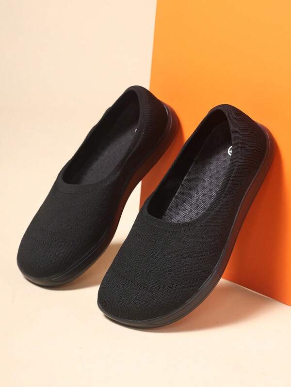 Women's Black Knit Mesh Lightweight Elderly Shoes, Breathable Non-Stuffy Low-Top Flat Commuter Casual Shoes, Comfortable For Long Standing, Walking Shoes