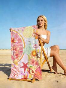 1件熱帶水果印花沙灘巾，水果與海洋生物設計大尺寸沙灘巾，超細纖維吸水防沙沙灘浴巾，毛巾，適用於旅行、游泳池、潛水、衝浪、瑜伽、露營、海邊度假、水上派對裝飾沙灘巾，夏季海邊旅行必備披肩浴巾，浴室裝飾多功能沙灘巾（單面印花） - 芥末黃 - 查看 8