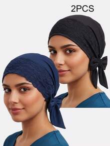 2pcs Women's Lace Trim Ribbon Headscarf Tie Headwrap Hat Chemotherapy Cap Suitable For Daily Use - Multicolor - View 6