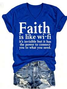 Women Christian Faith Letter Print T-Shirt, Faith Is Like Wi-Fi Graphic Round Neck Short Sleeve 100% Cotton Summer Top, Plus Size All Season - 藍色3 - 查看 1