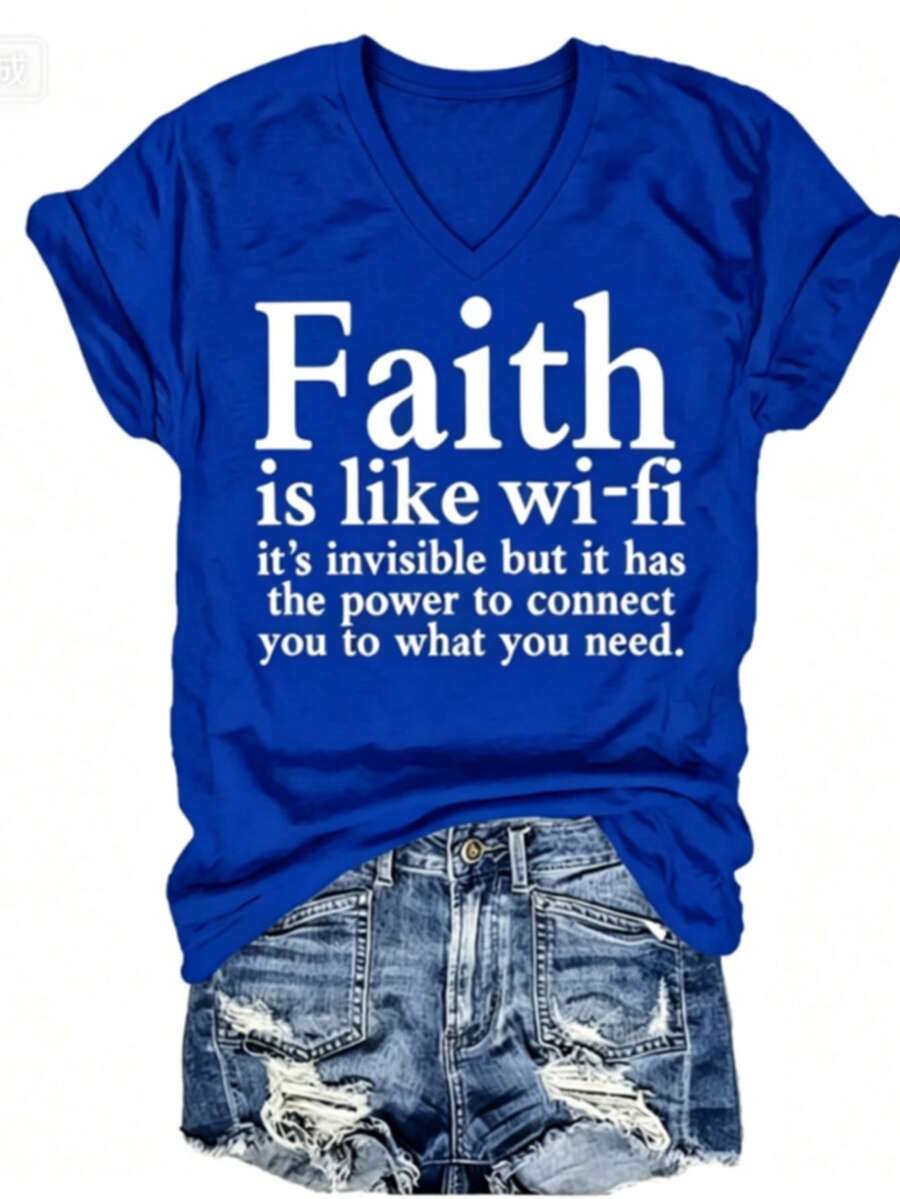 Women Christian Faith Letter Print T-Shirt, Faith Is Like Wi-Fi Graphic Round Neck Short Sleeve 100% Cotton Summer Top, Plus Size All Season - 藍色3 - 查看 1