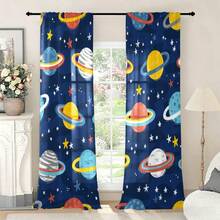 2pcs Watercolor Cartoon Planet Curtains, Solar System Galaxy Theme, Room Decor Curtains, Rod Pocket Design, Semi-Transparent Polyester Material, Suitable For Living Room, Kitchen, Bedroom And Other Places - Multicolor - View 8