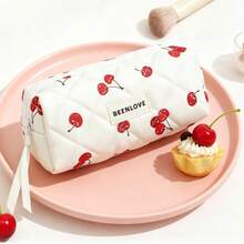 Kawaii Red Cherry Print Quilted Makeup Bag, Soft Large Capacity Portable Zipper Cosmetic Pouch, Waterproof Travel Toiletry Storage Bag For Women Girls Daily Trip & Stationery Use - Multicolor - View 3